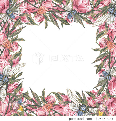 Frame with peony flower, blue cicada, butterfly isolated white background. Watercolor hand draw illustration. Art design Frame with peony flower, blue cicada, butterfly isolated white background. Watercolor hand draw illustration. Art design 103462023