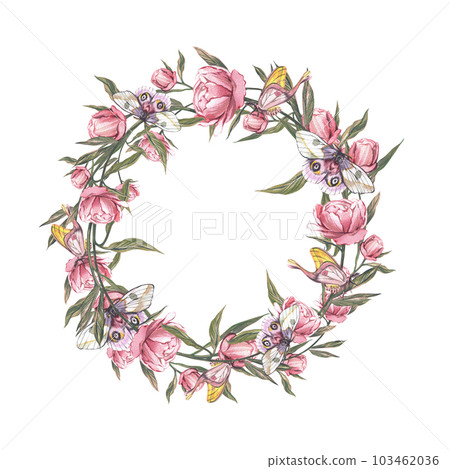 Wreath peony flower, bud, butterfly isolated on white background. Watercolor hand drawn botanic illustration. Art design Wreath peony flower, bud, butterfly isolated on white background. Watercolor hand drawn botanic illustration. Art design 103462036