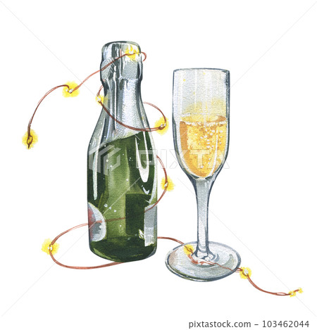 Champagne bottle and glass with garland isolated on white background. Watercolor hand drawn illustration. Art for design 103462044
