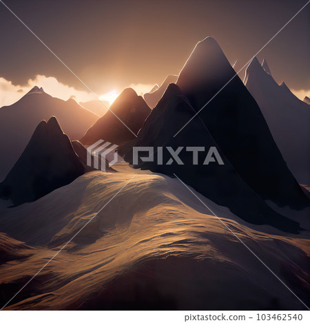 The rising sun shines behind the mountais. The sun sets behind the high mountains. AI-generated The rising sun shines behind the mountais. The sun sets behind the high mountains. AI-generated 103462540