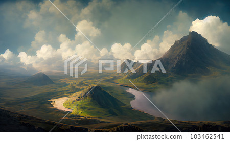 Cliffs in a mountain gorge. Picturesque landscape. Imitation of oil painting. AI-generated Cliffs in a mountain gorge. Picturesque landscape. Imitation of oil painting. AI-generated 103462541