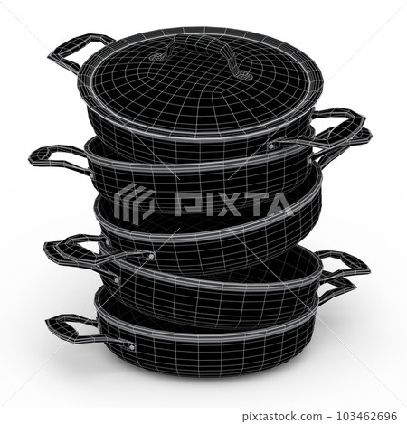 Set of stewpot, frying pan and chrome plated cookware on white background Set of stewpot, frying pan and chrome plated cookware on white background 103462696