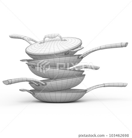 Set of stewpot, frying pan and chrome plated cookware on white background 103462698