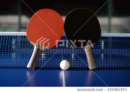 Pair of racket and ball on tennis table against grid net in sport hall Pair of racket and ball on tennis table against grid net in sport hall 103462853