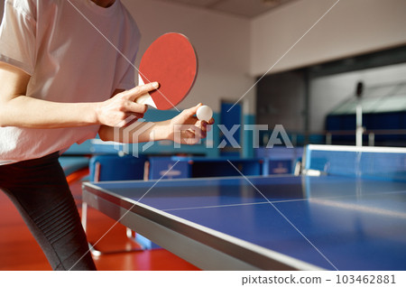 Closeup view of adult woman playing table tennis in gym 103462881