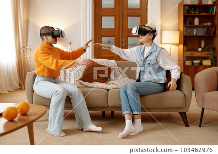 Young lesbian woman couple wearing vr goggles playing video game 103462976