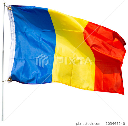Flag of state of Romania flutters against blue sky Flag of state of Romania flutters against blue sky 103463240