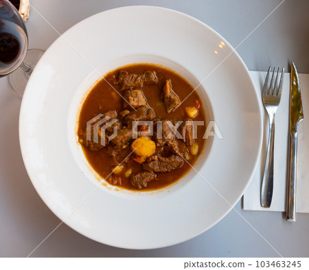 Stewed beef in sauce served with potatoes on platter 103463245