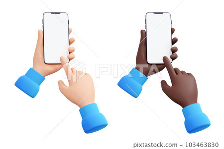 Hand holding mobile phone 3d render illustration set - human hand with telephone with empty screen. Smartphone mockup with blank display in cartoon human arm. Digital device template 103463830