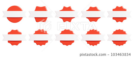 Red starburst sticker with white ribbon 3d render set - collection of round sun burst or star shape badges for promo. Price or offer label with copy space. Empty emblem for sale or discount concept Red starburst sticker with white ribbon 3d render set - collection of round sun burst or star shape badges for promo. Price or offer label with copy space. Empty emblem for sale or discount concept 103463834