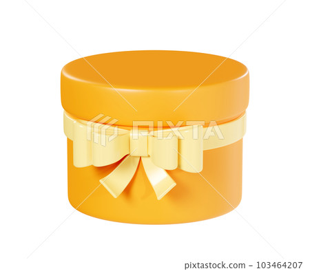Gift box 3d render illustration - closed orange present pack decorated with ribbon and bow. Festive colorful round package with surprise. Decoration for birthday or Christmas design. Gift box 3d render illustration - closed orange present pack decorated with ribbon and bow. Festive colorful round package with surprise. Decoration for birthday or Christmas design. 103464207