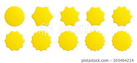 Yellow starburst sticker 3d render set - collection of round sun burst or star shape badges for promo. Price or offer label with copy space. Empty emblem for sale or discount concept. 103464214