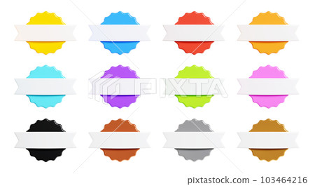Starburst sticker 3d render set - collection of round sun burst or star shape badges for promo. Price or offer label with copy space. Empty emblem of different colours for sale or discount concept. Starburst sticker 3d render set - collection of round sun burst or star shape badges for promo. Price or offer label with copy space. Empty emblem of different colours for sale or discount concept. 103464216