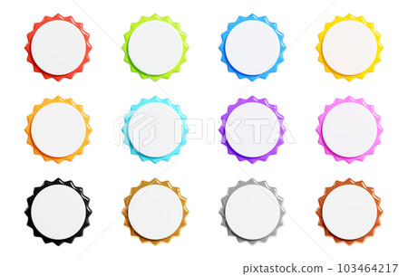 Starburst sticker 3d render set - collection of round sun burst or star shape badges for promo. Price or offer label with copy space. Empty emblem of different colours for sale or discount concept. Starburst sticker 3d render set - collection of round sun burst or star shape badges for promo. Price or offer label with copy space. Empty emblem of different colours for sale or discount concept. 103464217