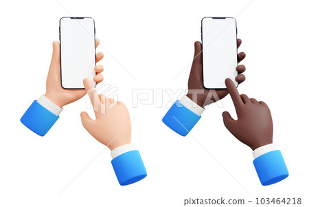 Hand holding mobile phone 3d render illustration set - human hand in blue business suit with telephone with empty screen. Smartphone mockup with blank display in cartoon human arm. Hand holding mobile phone 3d render illustration set - human hand in blue business suit with telephone with empty screen. Smartphone mockup with blank display in cartoon human arm. 103464218