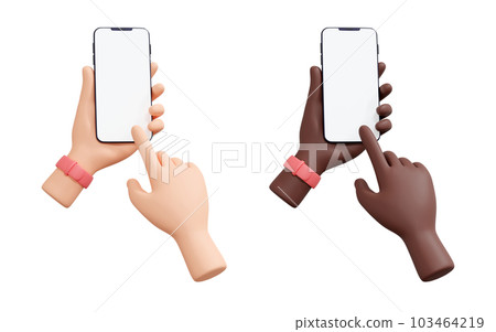 Hand holding mobile phone 3d render illustration set - human hand with telephone with empty screen. Smartphone mockup with blank display in cartoon human arm. Digital device template in minimal style. Hand holding mobile phone 3d render illustration set - human hand with telephone with empty screen. Smartphone mockup with blank display in cartoon human arm. Digital device template in minimal style. 103464219
