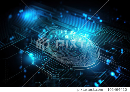 Digital fingerprint scanner for identification and authentication, with unique pattern and LED light. AI Generative. 103464410