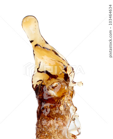 Coffee drink water mix ice cube fall pouring down in Shape form line of espresso black coffee splashes into drop soda cola attack fluttering in air, stop motion freeze shot. Splash coffee cola drink Coffee drink water mix ice cube fall pouring down in Shape form line of espresso black coffee splashes into drop soda cola attack fluttering in air, stop motion freeze shot. Splash coffee cola drink 103464634