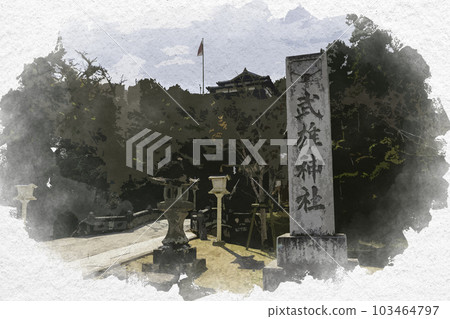 Watercolor style Takeo Shrine stone marker Takeo City, Saga Prefecture Watercolor style Takeo Shrine stone marker Takeo City, Saga Prefecture 103464797