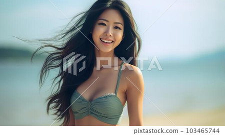 An Asian woman in a swimsuit/bikini who came to - Stock Illustration  [103465743] - PIXTA