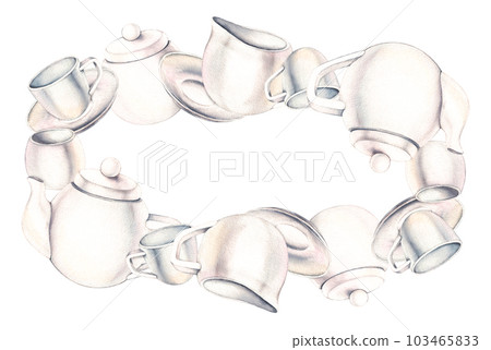 Watercolor frame of white teaware 103465833