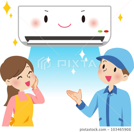 一位女士對空調清潔後清潔的空調感到滿意 103465908