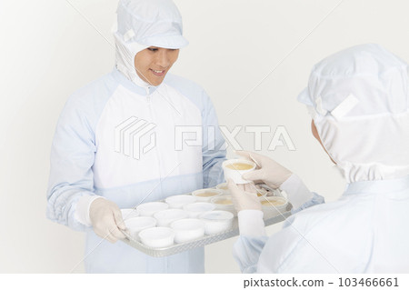 Men and women in protective clothing with food 103466661