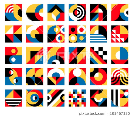 Bauhaus elements with abstract geometric patterns and modern tiles, vector backgrounds. Geometric shape elements for Bauhaus pattern of square, circle and triangle mosaic and vintage art colors Bauhaus elements with abstract geometric patterns and modern tiles, vector backgrounds. Geometric shape elements for Bauhaus pattern of square, circle and triangle mosaic and vintage art colors 103467320