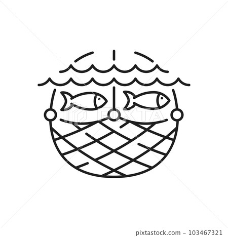 Fish trap net container isolated outline icon. Vector fishing industry equipment. Fishers gear for saving fresh fish. Seafood emblem 103467321