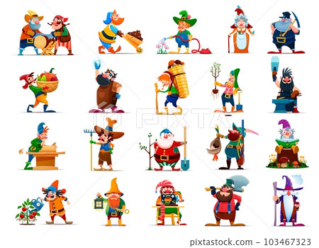 Cartoon gnome or dwarf characters with beards, hats. Cute fairy tale elf vector personages with mushroom basket, lantern, miner wheelbarrow and pickaxe. Gnomes watering flower, growing plants, smoking 103467323