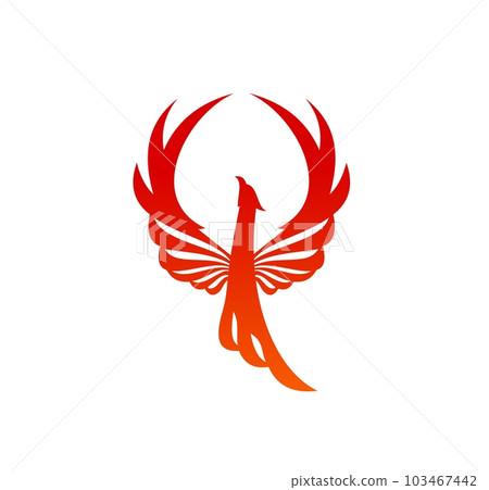 Phoenix bird with fire flames vector silhouette. Burning firebird, fenix or phoenix fantasy bird with raised wings. Abstract eagle or falcon with flaming feathers, wings and tail heraldic emblem Phoenix bird with fire flames vector silhouette. Burning firebird, fenix or phoenix fantasy bird with raised wings. Abstract eagle or falcon with flaming feathers, wings and tail heraldic emblem 103467442