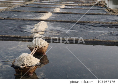 raw salt on farm with bamboo basket 103467476