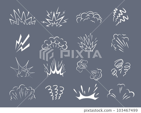 Cartoon bomb explosion comic clouds. Bomb explosion motion vapor, dynamite blast fire flash or explosive hit smoke graphic vector trails. Energy burst, dust cloud minimalistic white icons set Cartoon bomb explosion comic clouds. Bomb explosion motion vapor, dynamite blast fire flash or explosive hit smoke graphic vector trails. Energy burst, dust cloud minimalistic white icons set 103467499