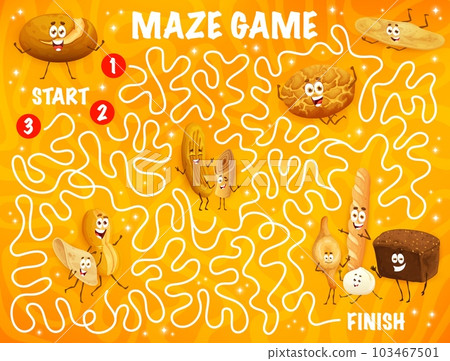 Labyrinth maze, cartoon pastry, bakery and bread characters. Vector worksheet of kids game or find way puzzle with personages of baguette, tortilla, shoti, chapati and tiger bread, injera and broa 103467501