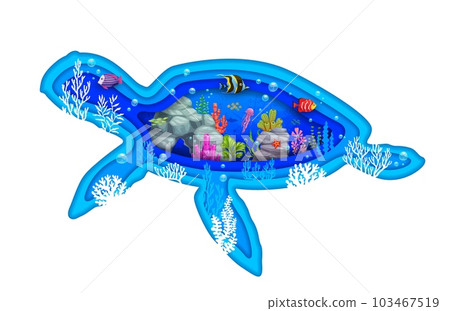 Cartoon turtle paper cut silhouette with underwater landscape, vector tropical seaweeds, fish shoal and corals. Undersea world in papercut layers of turtle in sea or ocean water waves with jellyfish Cartoon turtle paper cut silhouette with underwater landscape, vector tropical seaweeds, fish shoal and corals. Undersea world in papercut layers of turtle in sea or ocean water waves with jellyfish 103467519