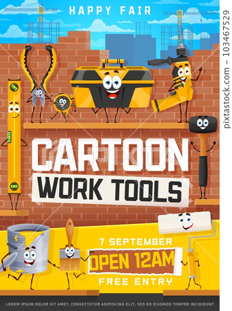 Kids party flyer, cartoon work and DIY tools characters, entertainment event vector poster. Kindergarten or school party invitation flyer with funny cartoon hammer, saw and toolbox or carpentry tools Kids party flyer, cartoon work and DIY tools characters, entertainment event vector poster. Kindergarten or school party invitation flyer with funny cartoon hammer, saw and toolbox or carpentry tools 103467529