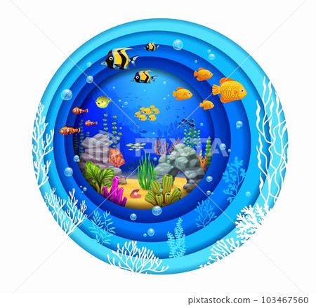 Cartoon tropical fish shoal, seaweeds and corals in sea paper cut, vector landscape background. Undersea coral reef fishes and seashell in paper cut water layers or underwater landscape in 3d cutout Cartoon tropical fish shoal, seaweeds and corals in sea paper cut, vector landscape background. Undersea coral reef fishes and seashell in paper cut water layers or underwater landscape in 3d cutout 103467560