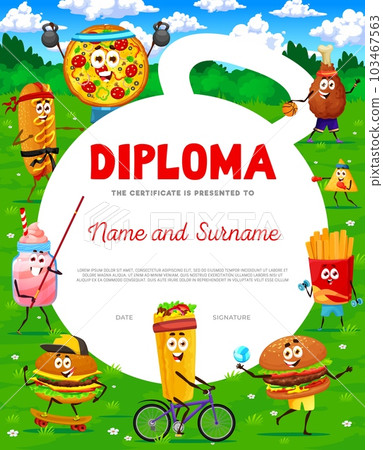 Kids diploma. Cartoon fastfood characters on sport vacation. School education vector award or diploma with pizza, hotdog, smoothie and hamburger, french fries, nachos funny personages doing sports 103467563
