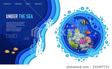 Landing page, cartoon underwater paper cut landscape, vector undersea website template. Cartoon coral reef background in papercut for landing page or web site of aquatic life or underwater world Landing page, cartoon underwater paper cut landscape, vector undersea website template. Cartoon coral reef background in papercut for landing page or web site of aquatic life or underwater world 103467732