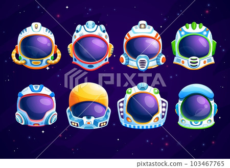 Photo booth, kids astronaut space helmets. Cartoon vector cosmonaut props elements or masks with hole for face. Cute helmets set for kids party or funny photos in far galaxy sky with stars Photo booth, kids astronaut space helmets. Cartoon vector cosmonaut props elements or masks with hole for face. Cute helmets set for kids party or funny photos in far galaxy sky with stars 103467765