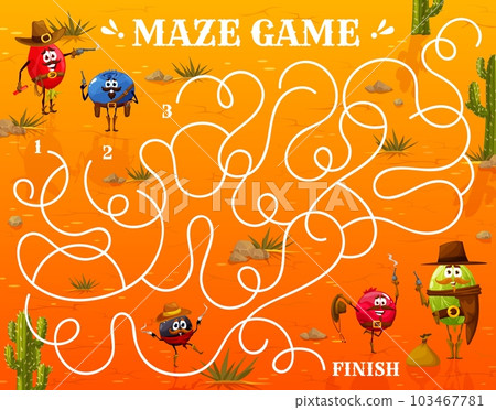 Labyrinth maze cartoon berry ranger, cowboy and bandit characters. Kids vector worksheet board game with gooseberry, rosehip, black currant and blueberry or cranberry personages search way in desert 103467781