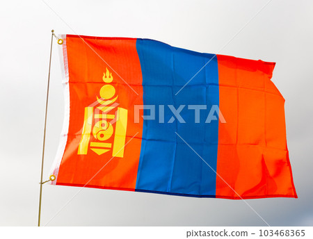 Big flag of Mongolia on background of sky Big flag of Mongolia on background of sky 103468365
