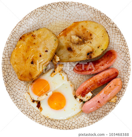 Fried sausages with potato and eggs 103468388