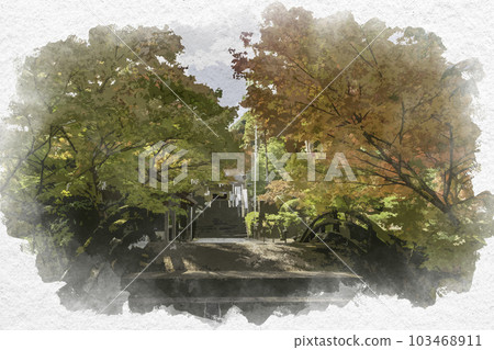 Watercolor style Takeo Kurokami Shrine Shinkyo Bridge Takeo City, Saga Prefecture Watercolor style Takeo Kurokami Shrine Shinkyo Bridge Takeo City, Saga Prefecture 103468911