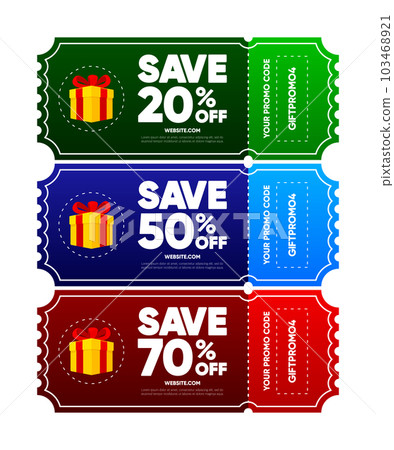 Modern cartoon template with promo code. Gift vouchers on save 20, 50 and 70 percent. Enter the promo code to use the discount. Modern design. Vector illustration. Modern cartoon template with promo code. Gift vouchers on save 20, 50 and 70 percent. Enter the promo code to use the discount. Modern design. Vector illustration. 103468921