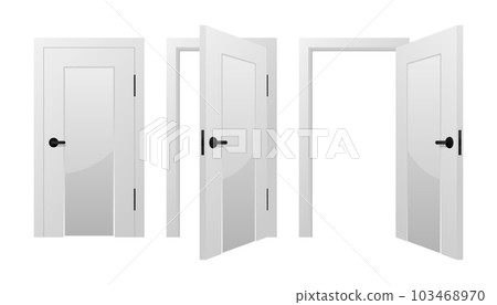 Open and closed white realistic door. Entrance realistic doorway isolated on white background. Facade of the house, estate, elegant castle and security of the premises. Vector illustration. 103468970