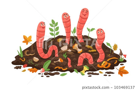 Cartoon compost worms in soil, garden earthworms in organic wastes, vector bio garbage. Agriculture farm compost worms in earth spoil, natural nutrient fertilizer for plants and bio waste recycling 103469137