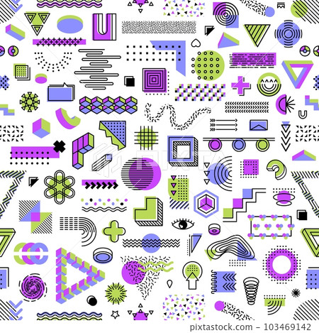 Memphis pattern background of geometric shapes, seamless abstract vector. Modern minimal Memphis pattern of line shapes, trendy retro art with creative elements, circle or triangle geometric pattern 103469142
