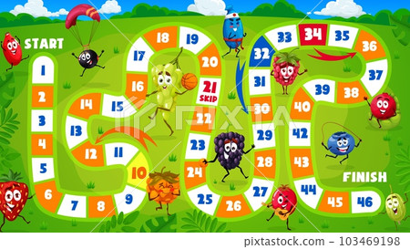 Kids board game cartoon berry characters on summer party. Vector worksheet with rosehip, black currant, strawberry, grape, clouberry and cranberry, blackberry, honeyberry, blueberry or raspberry 103469198