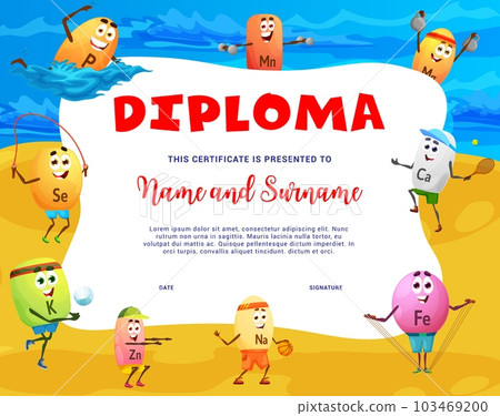 Kids diploma. Vitamin and micronutrient characters on summer beach. Kids education achievement vector diploma with P, Mn, Mg and Se, K, Zn nutrition mineral pills cute personages doing sports on beach 103469200